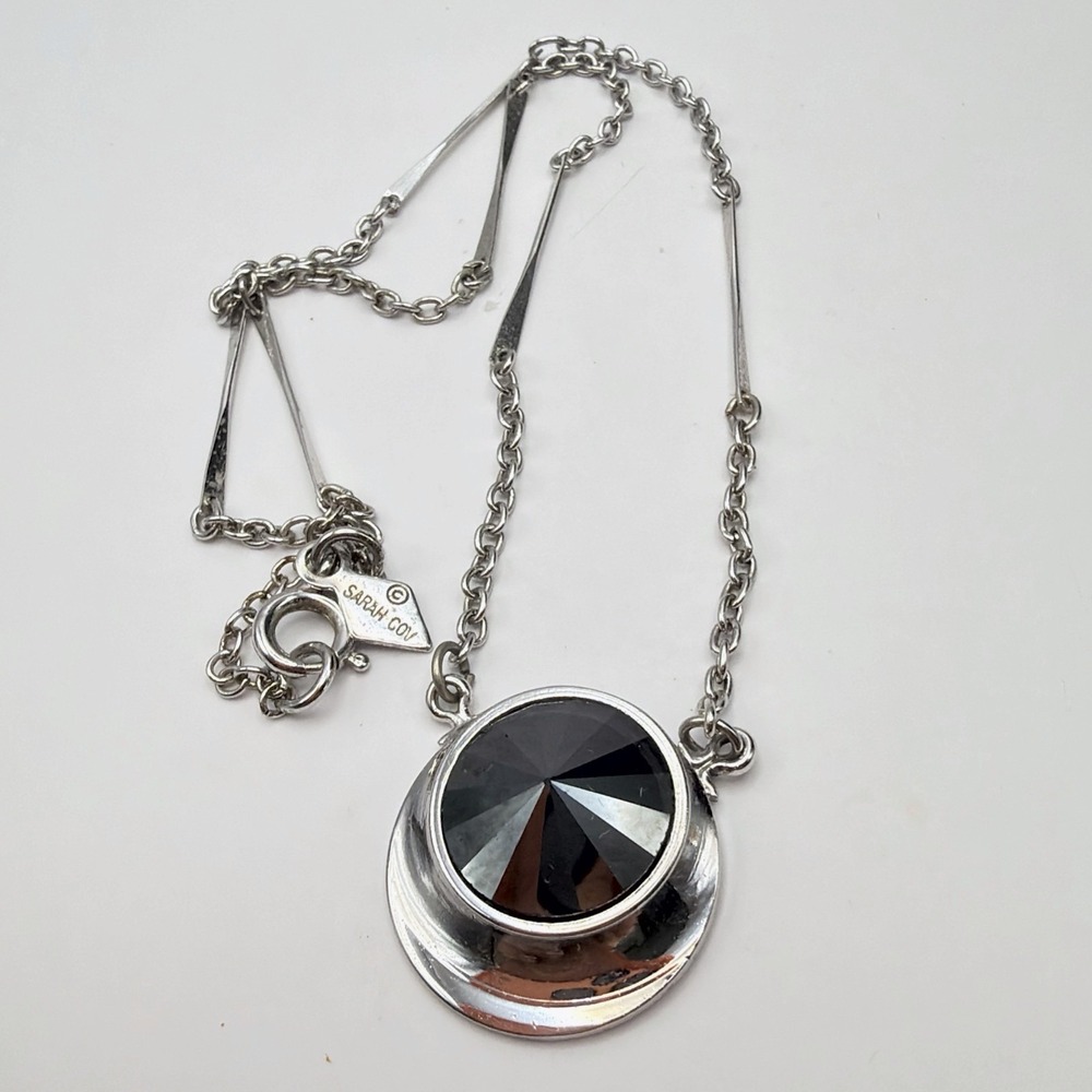 VTG Sarah Coventry Jet Set Necklace Modernist 70s Metallic Rivoli Stone 15.5"